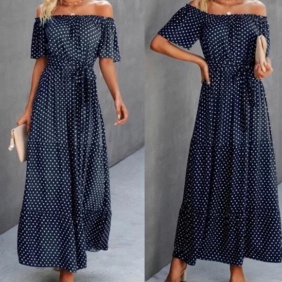 Boho navy blue polka dot off shoulder belted maxi dress